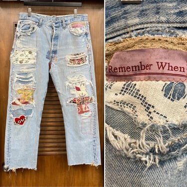 Vintage 1980’s Levi’s 501 Custom Patchwork Art Hippie Rocker Denim Jeans, w34, 80’s Button Fly Jeans, Vintage Clothing 
