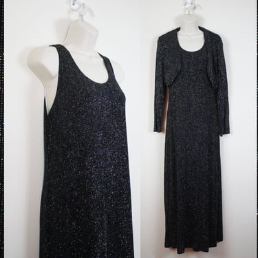 Vintage 1990s Black Sparkle Maxi Dress, Size Large 