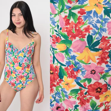 90s Floral Bathing Suit Bustier One Piece Bikini Cut Swimsuit Tropical Swim Suit Bright Flower Print Vintage 1990s Medium 