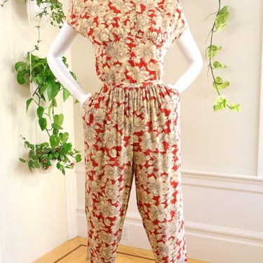 Vintage 1980s Pant Suit | 80s CAROLE LITTLE Floral Rayon Two Piece Matching Art Deco Burnt Orange Blouse Top High Rise Pants | small/medium 