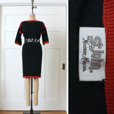 vintage 1980s knit dress by St John • bold minimalist black & red kimono sleeve sweater dress 