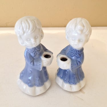 Vintage Adorable Blue and White Boy and Girl Candle Stick Holders-4