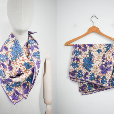 1970s Blue and Purple Floral Scarf 