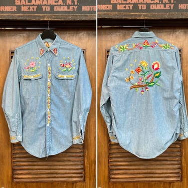 Vintage 1970’s Hippie Embroidery Chambray Shirt, 70’s Floral Embroidery, 70’s Work Shirt, Vintage Clothing 