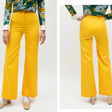 Vintage 1970s 70s High Waisted Bright Yellow Flared Slacks Pants Trousers 