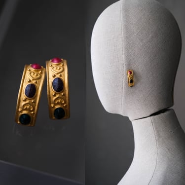 Vintage 90s Crescent Matte Gold & Enamel Post Earrings w/ Hearts | Statement Piece, Donna Karan, Anne Klein | 1980s Designer Jewelry Studs 
