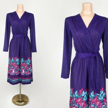 VINTAGE 1980s Purple Turquoise Striped Novelty Fruit border Print Dress | 80s Surplice Neckline Long Sleeve Cotton Jersey Day Dress vfg 
