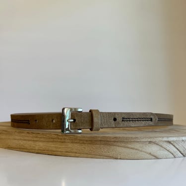 Vintage Tan Vegan Leather Black Stitched Thin Skinny Silver Buckle Belt Large 