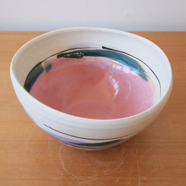 Vintage NANCY JURS Large BOWL 9", White Clay Pink Colorful Mid-Century Modern Art studio pottery ceramic eames knoll era 