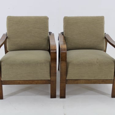 1930s Pair of Art Deco Armchairs in Walnut Finish, Czechoslovakia / Vintage Armchair / 