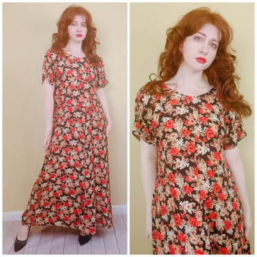 1990s Vintage Plus Size Terra Cotta Floral Dress / 90s / Nineties Grunge Rayon Black and Cream Midi / Maxi Dress / XXL 