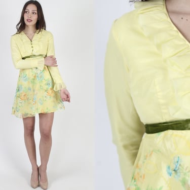 Pastel Floral Chiffon Mini Dress / Vintage 70s Canary Yellow Color Short Frock / 1970s Garden Wedding Party Belted Outfit 