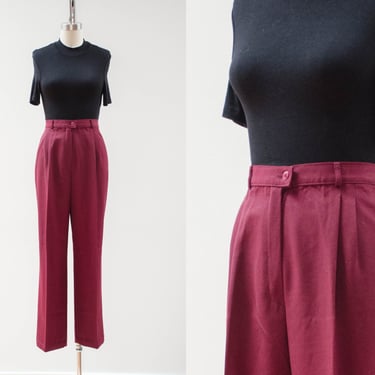 high waisted pants | 90s vintage heavy burgundy dark red wool gabardine dark academia style pleated trousers 