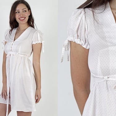 1960's White Swiss Dot Dress, Short Pink Polka Dot Mini, Sheer See Through Puff Sleeves With Ties 