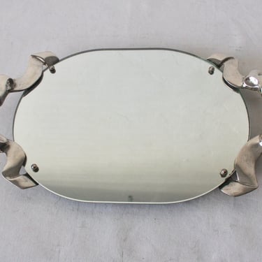 Godinger Vintage Mid Century Large Silver Pewter Finish Mirror Vanity Tray 