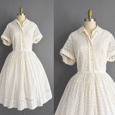 1950s vintage dress | Lane Bryant Ivory Cotton Eyelet Shirtwaist Dress | XL Plus Size | 50s dress 