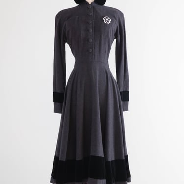 New Look Era Late 1940's Oleg Cassini Charcoal Grey Wool Shirt Waist Dress With Velvet / SM