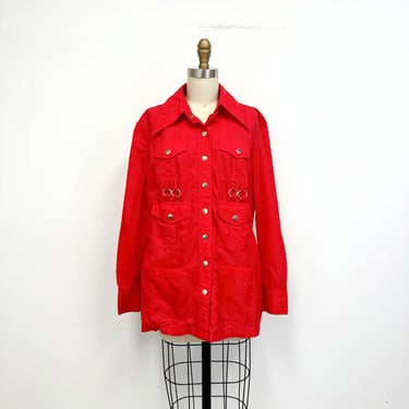 Vintage 70s Windbreaker Jacket with Half Belt and Snap Flap Pockets | Size Medium 