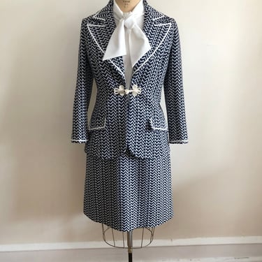 Navy and White Knit Colorblock Dress with Matching Jacket - 1970s 