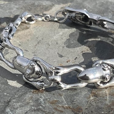 Vintage Sterling Silver Jumping Frog Link Bracelet - 6  7/8 Inches 