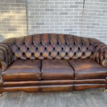Antique Victorian English Brown Leather Chesterfield 3 Seat Sofa