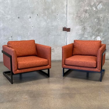 Pair of Mid Century Modern Milo Baughman Orange Tweed Lounge Chairs