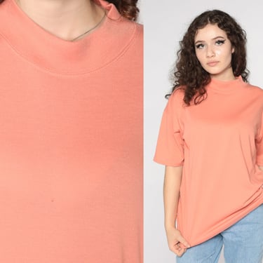 Orange Mock Neck Shirt Plain TShirt 90s T Shirt Retro Tee Vintage 1990s Basic Tee Shirt Blank Drop Shoulder Large L 