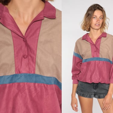 80s Color Block Shirt Tan Button Up Collared Pullover Long Sleeve Striped Pink Blue Colorblock 1980s Nerd Retro Sweatshirt Vintage Medium M 