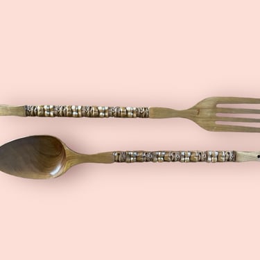 Vintage 1960s Super Sized Carved Wood Tiki Fork + Spoon Set 