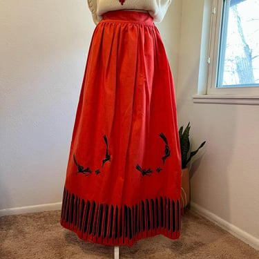 Harwood Steiger 1970s Folk Western Red Cotton Hand Printed Roadrunner Skirt XS 