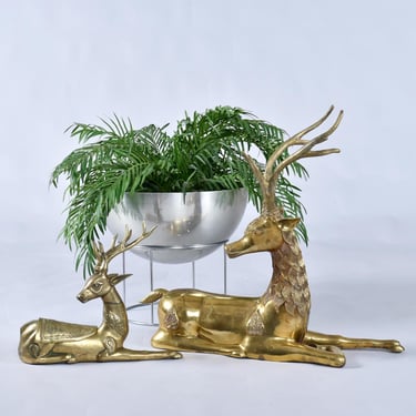 Pair Large Brass Deer Figurine Sculptures One Over 2 Feet One Planter Inside 