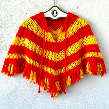 Vintage 70s Boho Fringe Crotchet Poncho 1970s Bright Hippie Knit Short Cape 