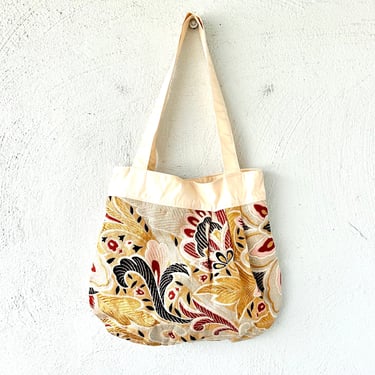 Vintage Japanese Kimono Shoulder Bag Embroidered Metallic Gold Silver Purse Floral Slouchy Bag 