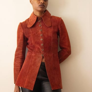 Early 1970s British Boutique Rust Suede Curvy Collar Jacket 