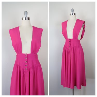 Vintage 1980s Carol Anderson jumper dress overall pink full skirt pockets 