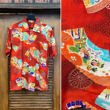 Vintage 1950’s -Deadstock- Asian Japan Loop Collar Rayon Hawaiian Shirt, 50’s Vintage Clothing 