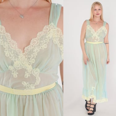 70s Nightgown Sheer Blue Yellow Slip Dress Floral Lace Lingerie Nightie Long Empire Waist V Neck Filmy Ribbon Bow Vintage 1970s Medium 38 