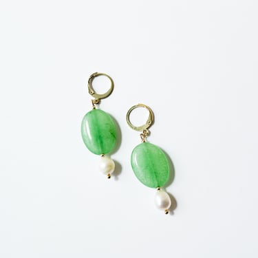 Aventurine Huggie Hoops | Jade Green Lightweight Dangle Earrings, Contemporary Sophisticated Handmade Jewelry, Pearl Drop Earring 