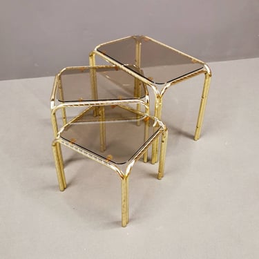 Set of 3 Coffee BrassTables, Gold Brass and Dark Glass, Vintage Coffee Tables, Mid Century Furniture 