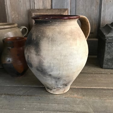 19th C Pottery Jug, Confit Jar, Olive Jar, Terra Cotta, Garden Flower Vase, Rustic European Farmhouse, Farm Table 