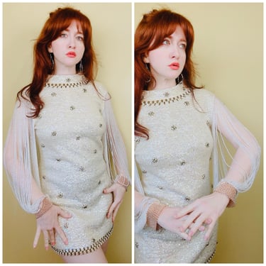 1960s Vintage Valentina LTD. Designer Wool Knit Beaded Mini Dress / 60s Mod Pearl Beaded Sleeve cream Wedding Dress / Size Medium 