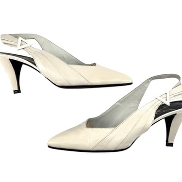 Yves Saint Laurent 1985 Deco Winged Eggshell White Slingback Heels