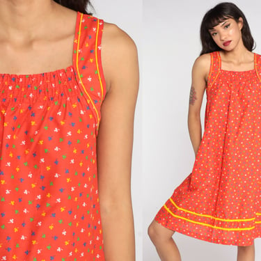 70s Sun Dress Orange Clover Print Sundress Tent Dress Midi Summer Dress 1970s Vintage Spaghetti Straps Calico Trapeze Small Petite 