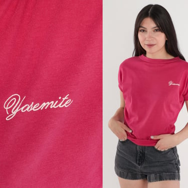 Yosemite Shirt 80s National Park T-Shirt Fuchsia Pink Embroidered Tee Short Sleeve Banded Hem Top California Tourist Vintage 1980s Small 