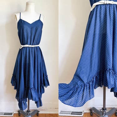 Shipping Delay // Vintage 1970s Navy Polka Dotted Sundress / XS-S 