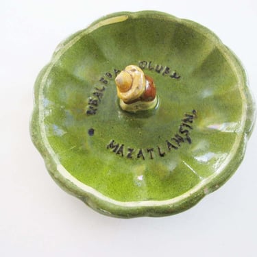 Vintage 60s Balboa Club Mazatlan Ashtray - 1960s Green Ceramic Mexican Pottery Ash Tray Ring Dish Sleeping Figure MCM Travel Souvenir Hotel 