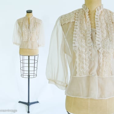 1950s Beige Sheer Nylon Blouse | 50s Sheer Taupe Ruffled Blouse | Medium 