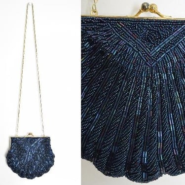 vintage 80s purse navy beaded sequin flapper clamshell evening hand bag frame 