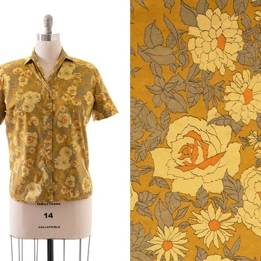 Vintage 1960s Blouse | 60s Rose Floral Print Mustard Yellow Cotton Button Up Shirt Short Sleeve Top (large) 