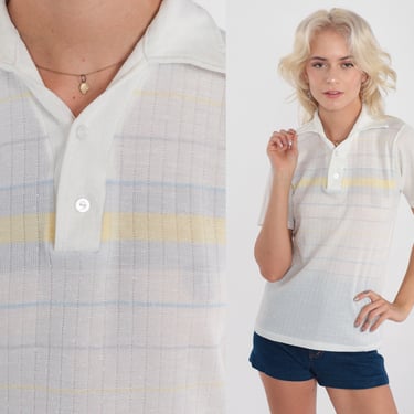Striped Polo Shirt 70s White Baby Blue Striped Short Sleeve Shirt Pastel Yellow 1970s Top Button Up Collared Shirt Preppy Vintage Small xs s 